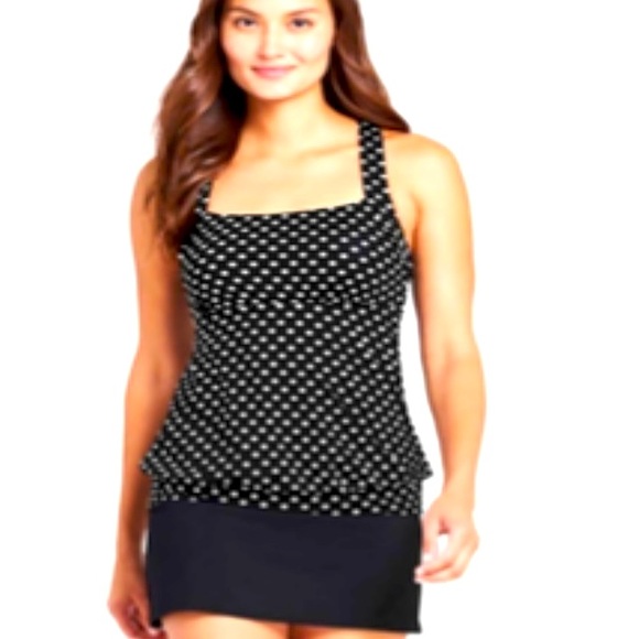 Lands' End Swim Lands End Black White Polka Dot Blouson Tankini